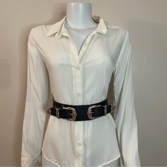 Black PU leather gold tone double buckleelastic waistband belt